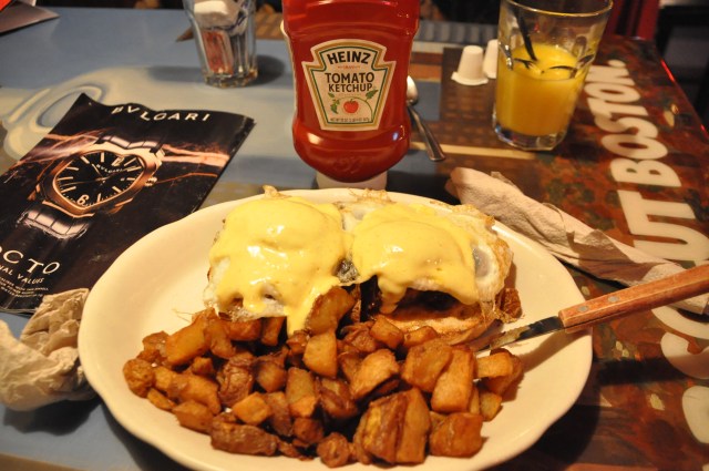 Eggs Benedict with sirloin tips hiding under the eggs. 7:30am