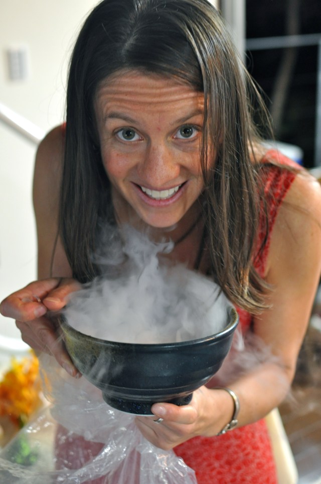 She had the genial idea of adding dry ice to Okinawan colon cleansers. One hell of a cocktail.
