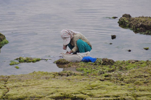 Old lady butchers something in  front of the house