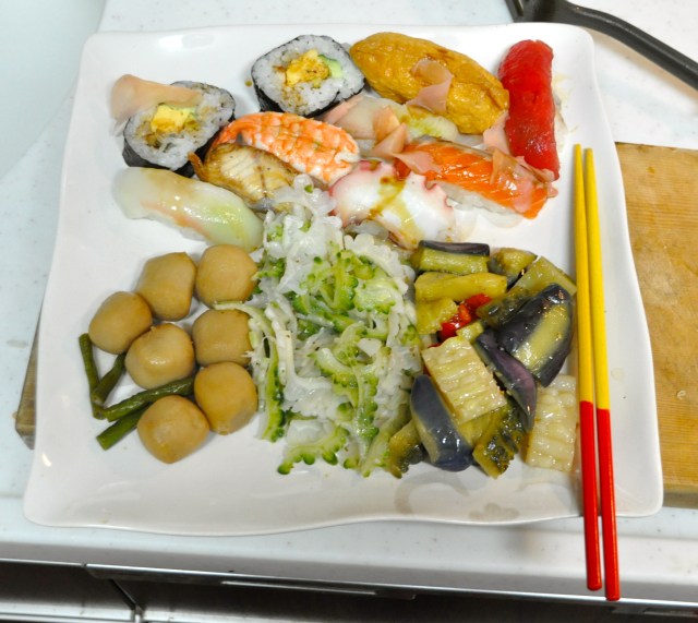 Sushi 550 yen, taro simmered in fish stock, goya and tuna,mixed veg, all 400 yen