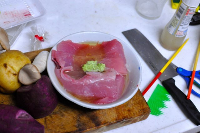I marinate fresh tuna, which costs next to nothing incidentally, in lemon juice, olive oil and the green stuff that Japanese eat