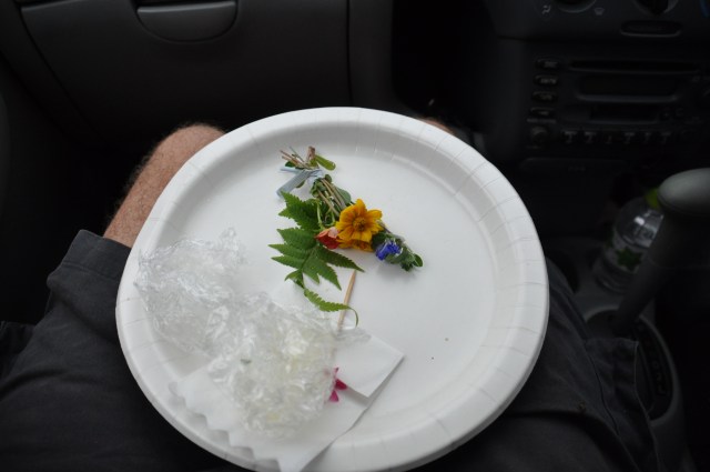 We eat picnic lunch prepared by Ichiro san's estimable wife. Sandwiches and fruit with garland of wild flowers.