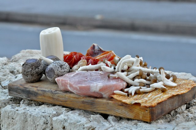 Tonight's feast - Pork, tarot,lotus root, mushrooms. There is also Hokkaido smoked Salmon as a starter.