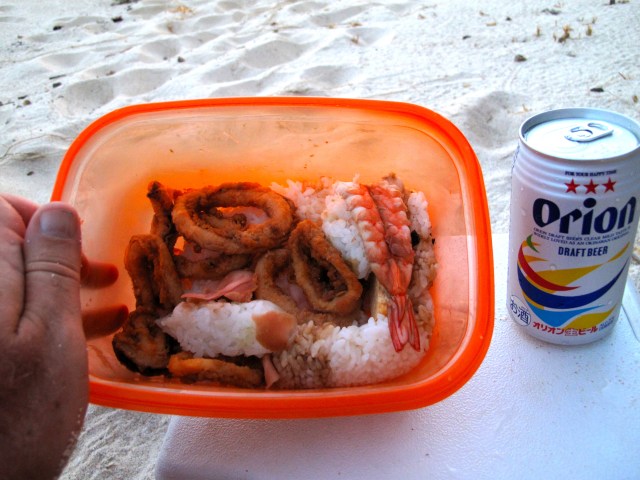 Same as lunch but with a beer that I bought at a soba stall near the harbor