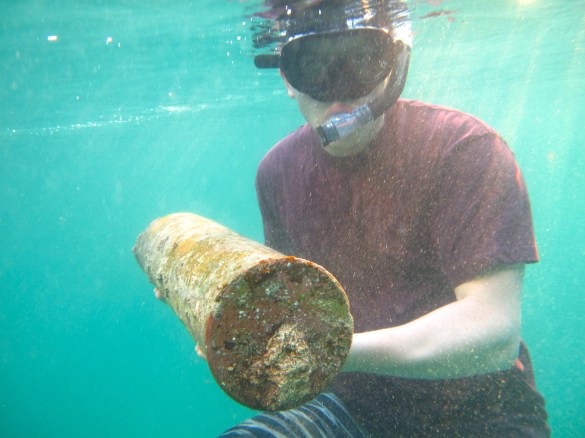 Ben finds old naval shell case like on the bottom of the sea. I have swum over this bit many times and never saw it. Ben is good at this kind of thing.