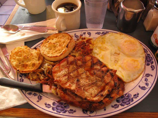 Two pork chops, eggs, hash browns, loads of coffee and iced water. Sets you up for the day.