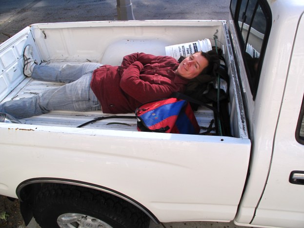 We go to the Spa but James and I take he seats in the truck so Ben lies down in the flatbed and ponders his new life with the scooter. I think he will sell her down the river.