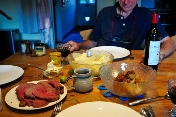 Roast beef of old England with roast potatoes, buttered cabbage,creamed horseradish, gravy and fine wine.
